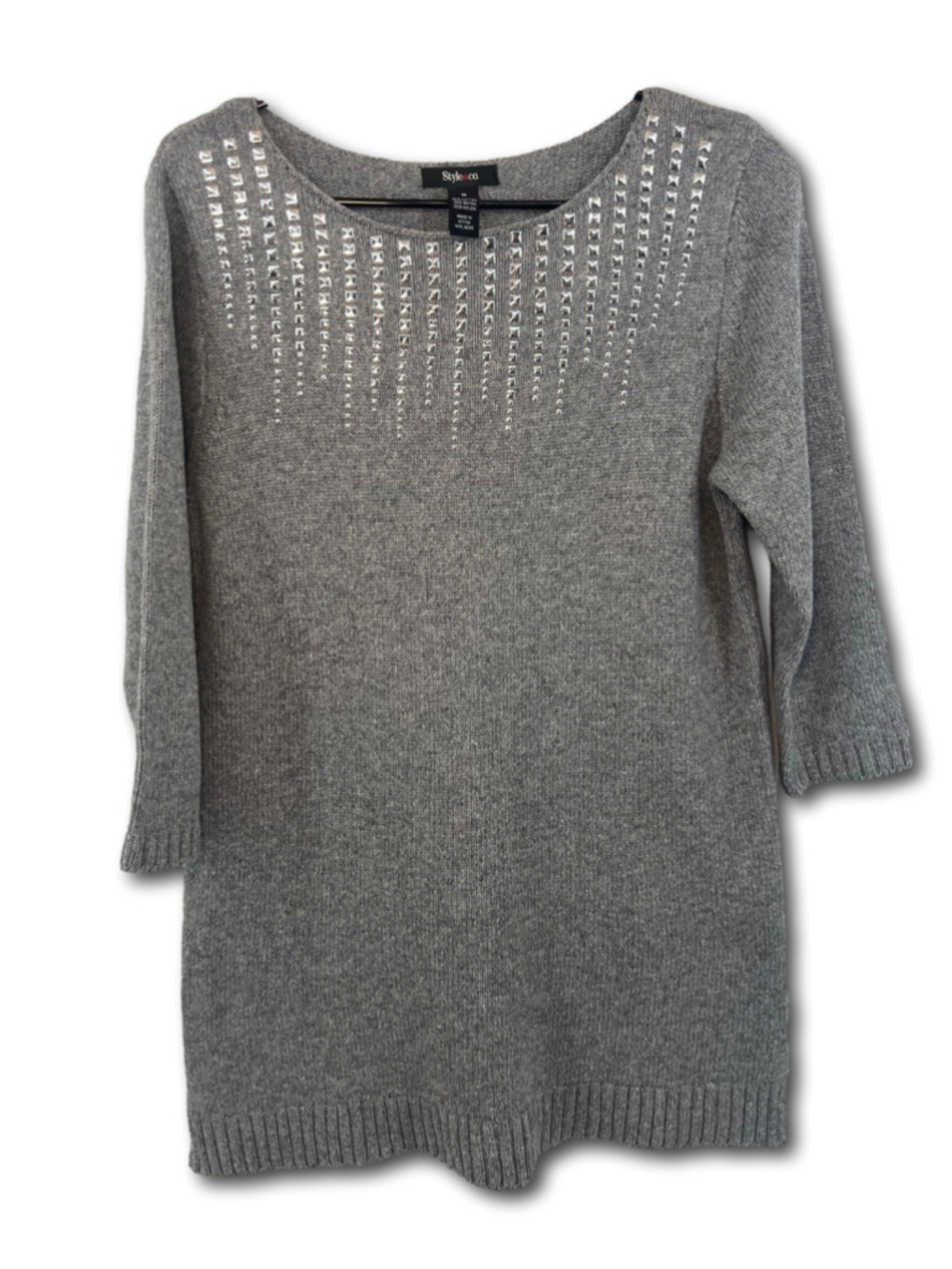 Style & Co. Sweater Gray Silver Studs 3/4 Sleeve Business Woman’s Size Medium